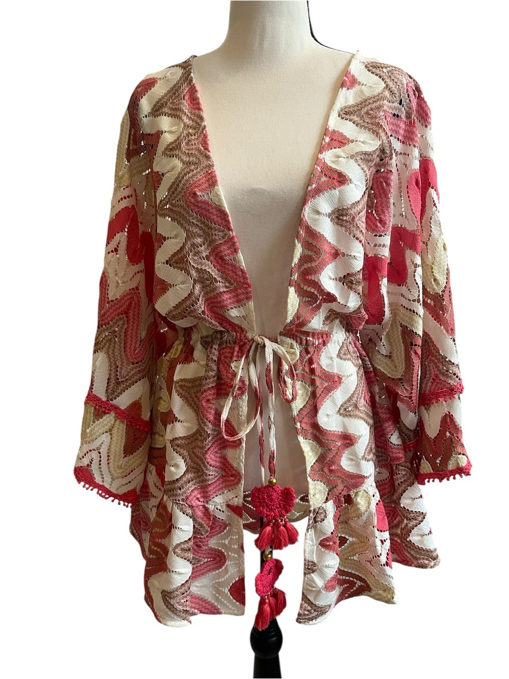 Ramy Brook Nicholette Crochet Zig-zag Coverup Tassel Ties Coral Cream NWT